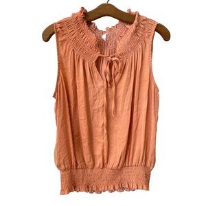 Glam Top Size Medium  Sleeveless Smocked Tie Neck Coral Summer Boho Cottage